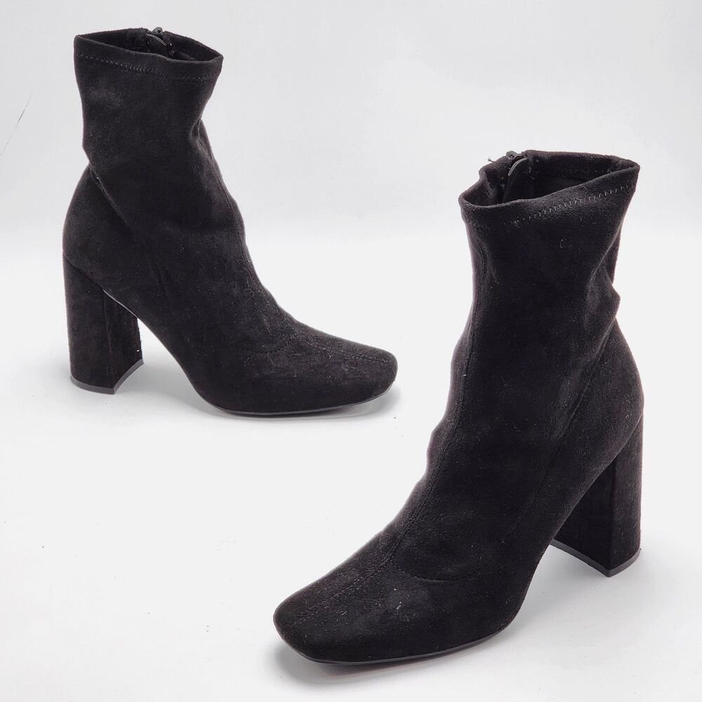 Forever 21 Faux Suede Sock Ankle Booties Boots Black Block Heel Zipper Size 8